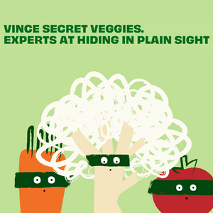 Cartoon carrot, broccoli, and tomato dressed as veggie smugglers – promoting hidden veggie meals for kids in NZ and AU