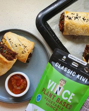 Vince mince alternative cooked in a vegan sausage roll