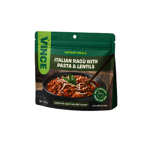 Vince instant meals package for Italian Ragu with Pasta & Lentils on a white background