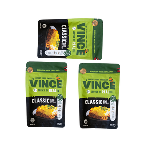 A package of Vince Classic, featuring a green and black pouch with a photo of cottage pie