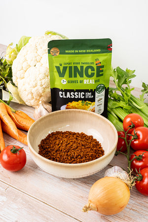 Vince plant-based hidden veggie meal classic style packet, Vince dried veggies showing what is in the pack, surrounded by fresh vegetables, ready-made healthy meals for kids