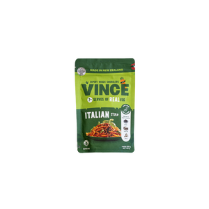 A package of Vince Vegetable Mince in the Italian flavor, featuring a green and yellow stand-up pouch with a photo of the spaghetti bolognese