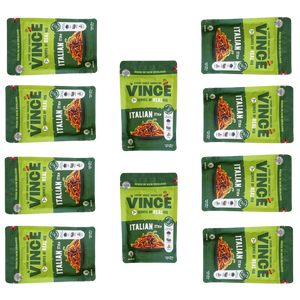 10 bags of Vince Vegetable Mince in the Italian flavor, featuring a green and yellow stand-up pouch with a photo of the spaghetti bolognese