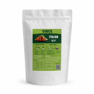 1Kg bulk bag of Vince Vegetable Mince in the Italian flavor, featuring a green and yellow stand-up pouch with a photo of the spaghetti bolognese