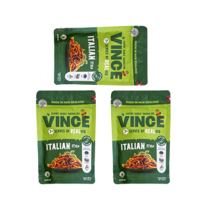 A package of Vince Vegetable Mince in the Italian flavor, featuring a green and yellow stand-up pouch with a photo of the spaghetti bolognese