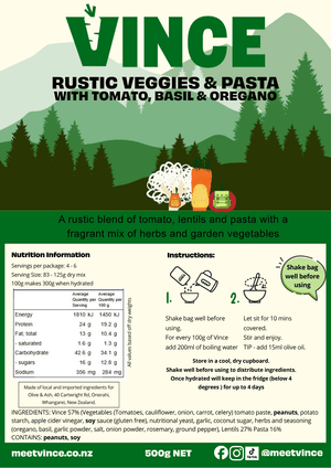 Vince rustic veggies and pasta mix packaging with nutritional information and instructions. Instant meal camping and tramping, outdoor trekking