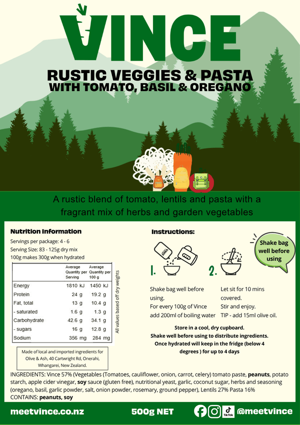 Vince rustic veggies and pasta mix packaging with nutritional information and instructions. Instant meal camping and tramping, outdoor trekking
