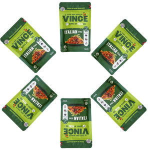 6 bags of Vince Vegetable Mince in the Italian flavor, featuring a green and yellow stand-up pouch with a photo of the spaghetti bolognese