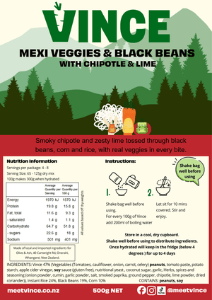 Vince Mexi Veggies & Black Beans with Chipotle & Lime packaging featuring nutritional information, instructions, and branding. Instant Meal range