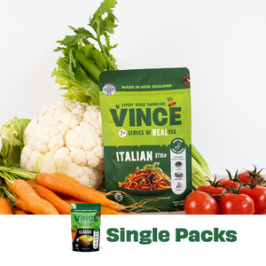Italian Vince vegetable packaging with vegetables on a white background