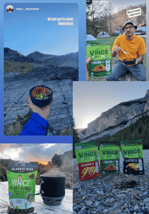 Collage of images featuring Vince new range of instant meals with scenic and casual settings.