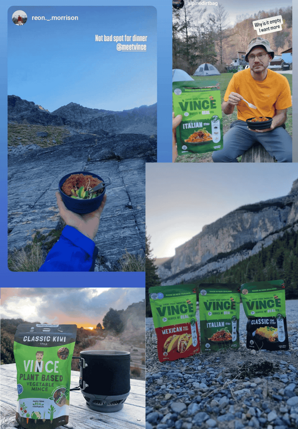 Collage of images featuring Vince new range of instant meals with scenic and casual settings.